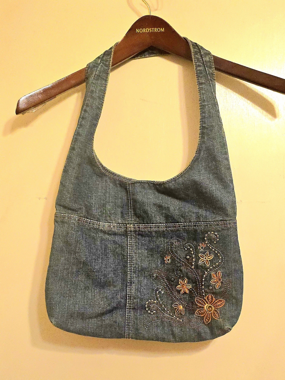 Vintage Y2K Denim Hobo Bag with Embroidered Flowers and Studs